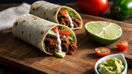 scrumptious homemade crunchy wrap tacos on a wooden cutting board with fresh ingredients