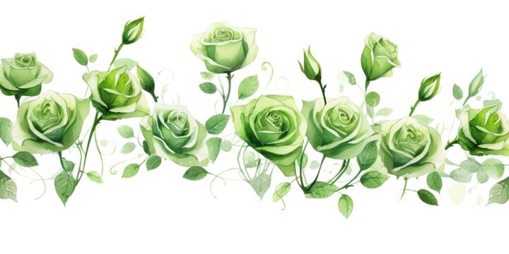 Green roses watercolor clipart on white background, defined edges floral flower pattern background with copy space for design text or photo backdrop minimalistic 