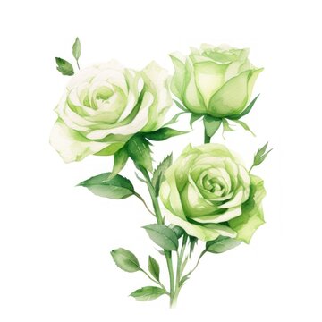 Green roses watercolor clipart on white background, defined edges floral flower pattern background with copy space for design text or photo backdrop minimalistic 