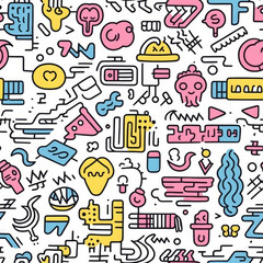 Memphis elements design, white background, vibrant color, illustration graphic, seamless pattern, japonisme, harajuku outfit, khokhloma.