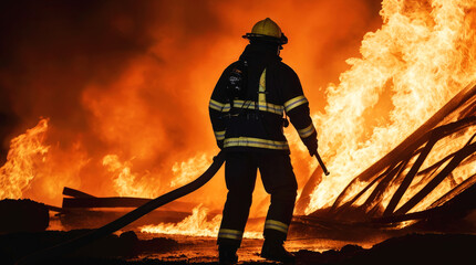 Silhouette of a fireman against the background of a large fire. 