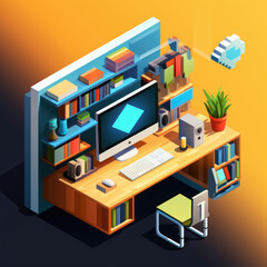modern office room isometric,monitor,book shelf,mood board,vector graphic, isometric 3D render miniature