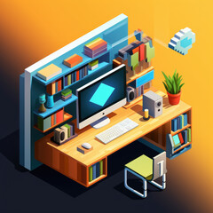 modern office room isometric,monitor,book shelf,mood board, graphic, isometric 3D render miniature