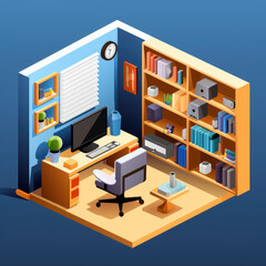 modern office room isometric,monitor,book shelf,mood board,vector graphic, isometric 3D render miniature