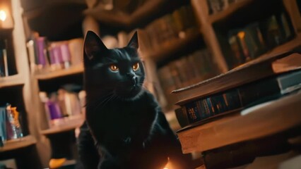 Mystical black cat with glowing eyes with old magical books in library by candlelit. Feline familiar in witch’s study. Concept of witchcraft,  sorcery, mystery, knowledge and supernatural. Motion