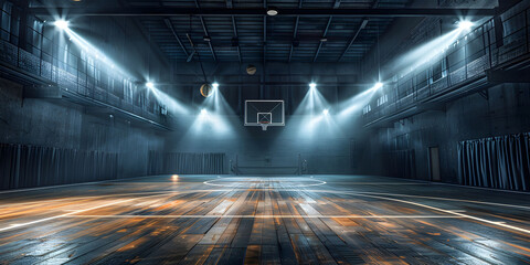 An empty basketball court is illuminated by spotlights, creating dramatic lighting effects. The scene depicts an empty basketball arena or stadium with spotlights, polished wood, and fan seats. - obrazy, fototapety, plakaty