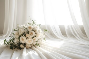 Wedding day concept, Bride dress and white flowers bridal bouquet on sun ray background