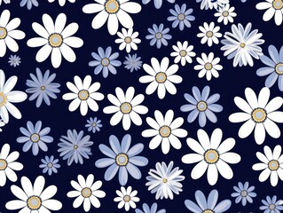 Indigo and white daisy pattern, hand draw, simple line, flower floral spring summer background design with copy space for text or photo backdrop 