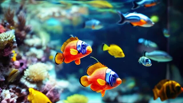 Colorful tropical fish swimming in ocean waters with coral reefs. Marine life in vibrant underwater ecosystem. Aquarium with diverse fish species. Concept of aquatic wildlife, exotic pet fish. Motion