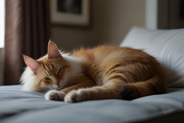 Adorable and content cat curled up on a pillow

