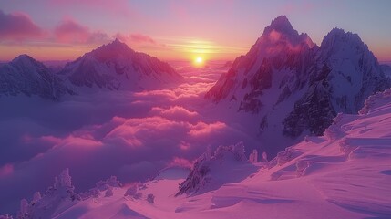 As seen from a snowy mountain peak, the sun sets over a range of mountains shrouded in clouds and snow