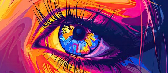 A detailed closeup of a womans eye in vibrant shades of purple, magenta, and electric blue. The intricate painting captures the beauty of the iris and eyelashes