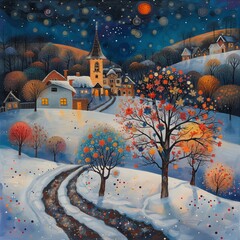 Whimsical mountain village in winter