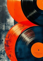Artistic Vinyl Records with Orange Accents on Textured Surface