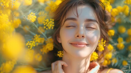 Naklejka premium A woman stands in a field of yellow flowers with her eyes closed