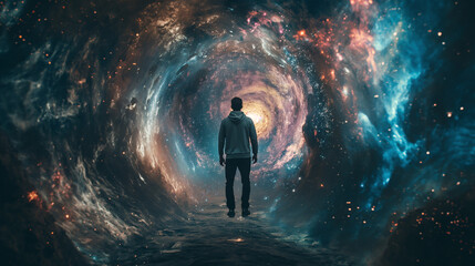 man looking hesitantly looking back into the abyss. The gate of initiation of space fabric. - obrazy, fototapety, plakaty
