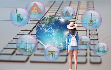 Famous monuments of the world with air soap bubble flying - A young girl with a hat wearing mini shorts walking on the laptop keyboard looks at places to visit in the world