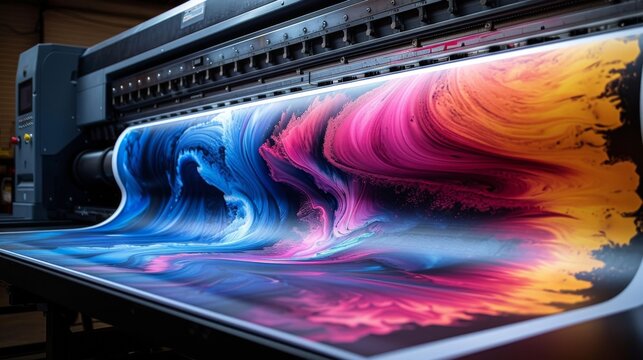 Large format printer producing vibrant, high-quality abstract prints in an industrial setting.