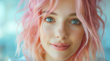 Close up female portrait. Pink hair young woman, 20 - 25 years old looking at camera. Charming woman smiles sincerely. Pink-haired girl.