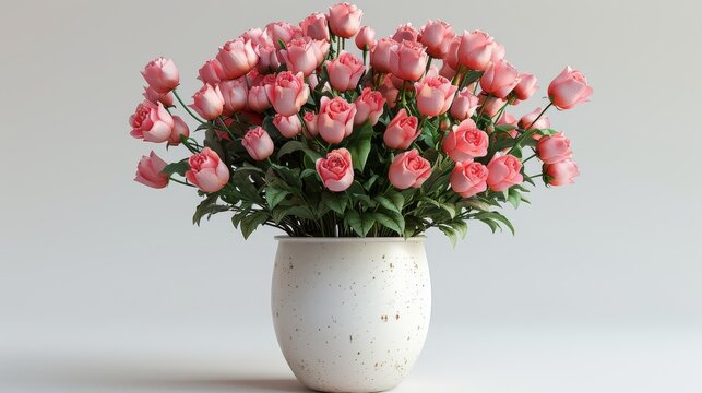   A white vase with pink flowers sits atop a white table, adjacent to two white walls
