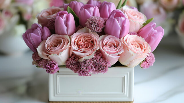   Bouquet of pink and white flowers in white vase on white table, surrounded by more pink and white flowers