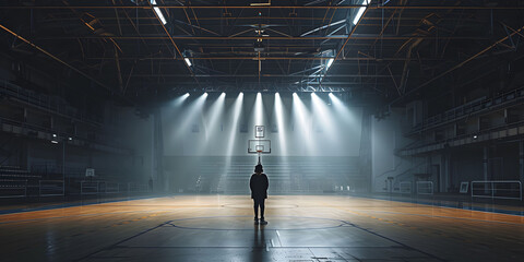 A basketball player in an empty basketball court is illuminated by spotlights, creating dramatic lighting effects. An empty basketball arena or stadium with spotlights, polished wood, and fan seats. - obrazy, fototapety, plakaty