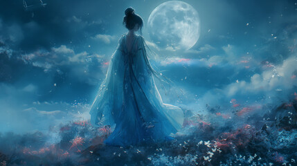 beautiful, goddess, moon back drop, ukiyo.