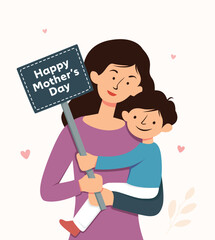 Vector Illustration Of Mother Holding Son In Arms. Happy Mother`s Day concept.