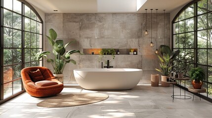   Bathroom features a spacious tub, comfortable chair, and numerous potted plants along the wall - obrazy, fototapety, plakaty