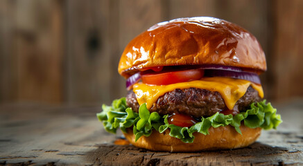 a classic cheeseburger on a rustic wooden table - obrazy, fototapety, plakaty
