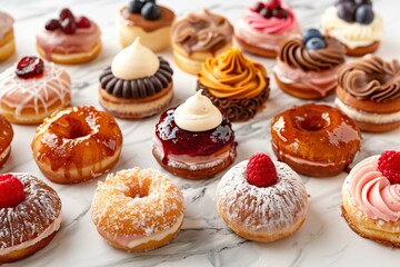 Obraz na płótnie Canvas Assorted cronuts filled with luxurious creams and jams, displayed elegantly on a marble countertop, highlighting the variety and indulgence of gourmet treats