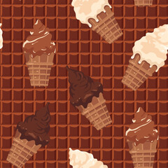 Seamless pattern of chocolate ice cream on a background of brown chocolate bar.
