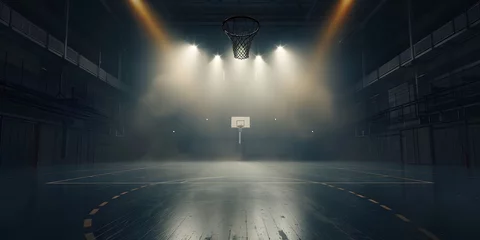 Fototapeten An empty basketball court is illuminated by spotlights, creating dramatic lighting effects. The scene depicts an empty basketball arena or stadium with spotlights, polished wood, and fan seats. © jex