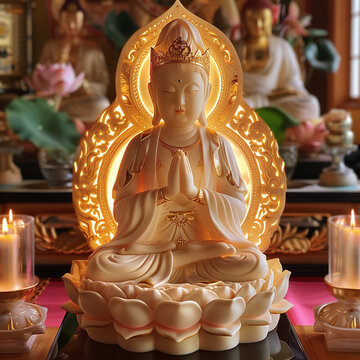 On the lotus altar, the entire body of the Avalokitesvara Bodhisattva shines with golden light, facing the Buddha, shining with golden light and splendid splendor! Facial contours are obvious, compass
