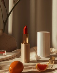   A red lipstick sits on a table with an orange and a vase containing a plant