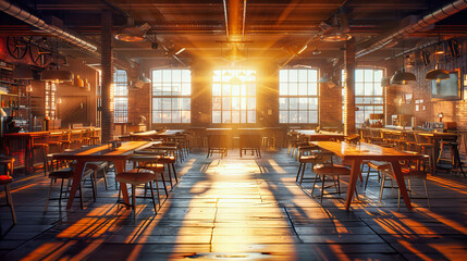 Vintage Styled Cafe Interior, Wooden Tables and Cozy Ambiance with Blurred Background for Dining