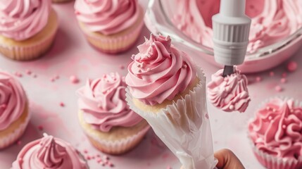Cupcakes decorated with pink buttercream frosting and sprinkles - obrazy, fototapety, plakaty