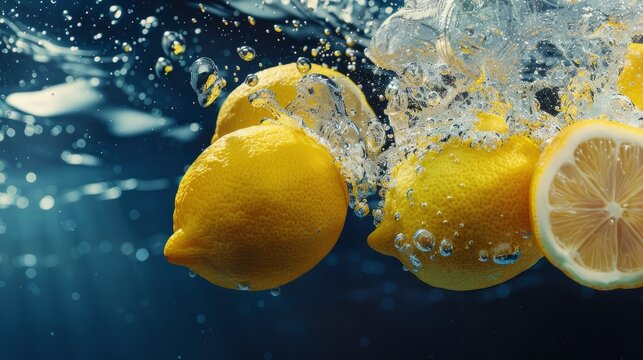 lemons falling into water, blue background, bubbles around lemons, product photography, close up shot, yellow and dark blue colors, cinematic, high resolution, hyper realistic, super detailed