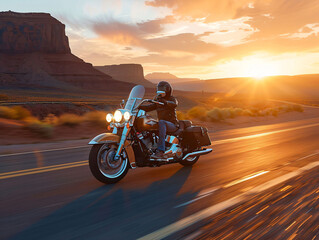 Motorcyclist in motion on open road at sunset, embodying freedom and adventure in travel