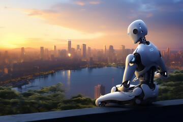 A robot is sitting on a ledge overlooking a city - obrazy, fototapety, plakaty