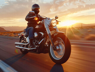 Motorcyclist in motion on open road at sunset, embodying freedom and adventure in travel - obrazy, fototapety, plakaty