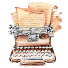 Watercolor retro typewriter with old paper and parchment scrolls. Hand painted clip art illustration. - 778939102