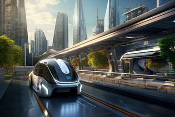 A futuristic city with a car driving down a road
