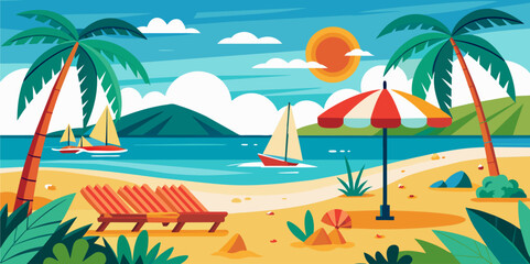 Fototapeta na wymiar Hand drawn Vector illustration. Summer beach set. Beach chairs, wooden deck chair, sun umbrella, picnic basket, sunbed. Vacation, relax, holiday concept