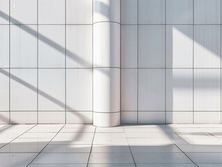 Abstract play of light and shadow on a tiled wall creating a geometric pattern of illumination