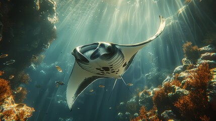 Realistic depiction of a massive manta ray soaring over a vibrant coral reef under the bright sun - obrazy, fototapety, plakaty