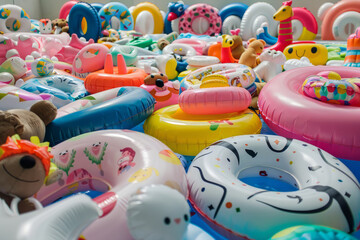 Fototapeta na wymiar A swimming pool full of inflatable pool floats and rubber rings