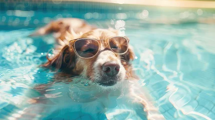 Keuken spatwand met foto Joyful Dog with Glasses Relaxing in Pool A Whimsical Representation of Tourism and Vacation Vibes, Perfect for Summer Getaways  © Didikidiw61447