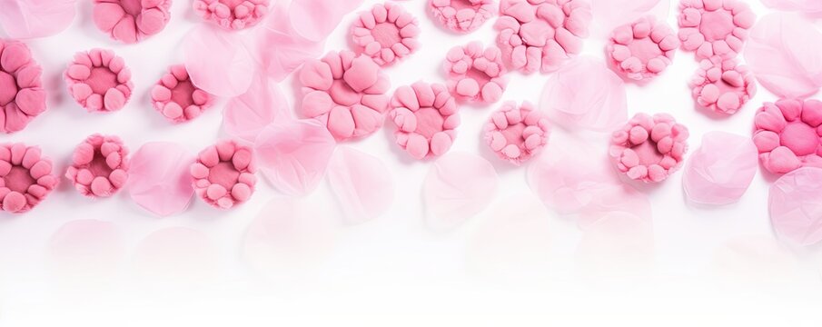 Rose paw prints on a background, minimalist backdrop pattern with copy space for design or photo, animal pet cute surface 