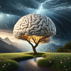 illustration of human brain as a tree in the middle of a night storm